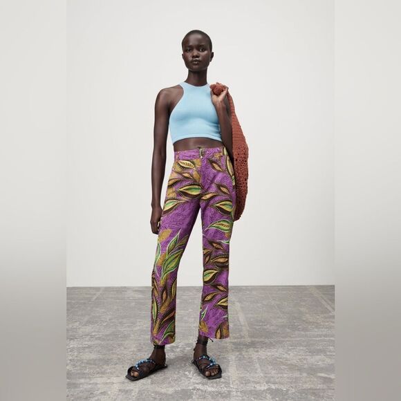 Zara Linen High Waisted Hi Rise Flare Patterned Pants Small - Picture 2 of 14
